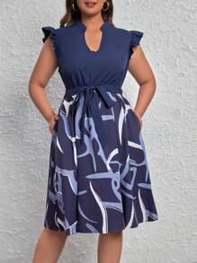 SHEIN Clasi Hơn In Đồ họa Đường viền cổ có rãnh Viền Ruffle Váy có thắt lưng - Màu xanh hải quân - Xem 3