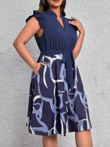 SHEIN Clasi Hơn In Đồ họa Đường viền cổ có rãnh Viền Ruffle Váy có thắt lưng - Màu xanh hải quân - Xem 4