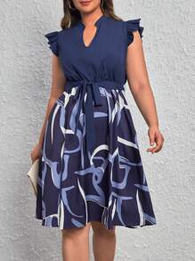 SHEIN Clasi Hơn In Đồ họa Đường viền cổ có rãnh Viền Ruffle Váy có thắt lưng - Màu xanh hải quân - Xem 5