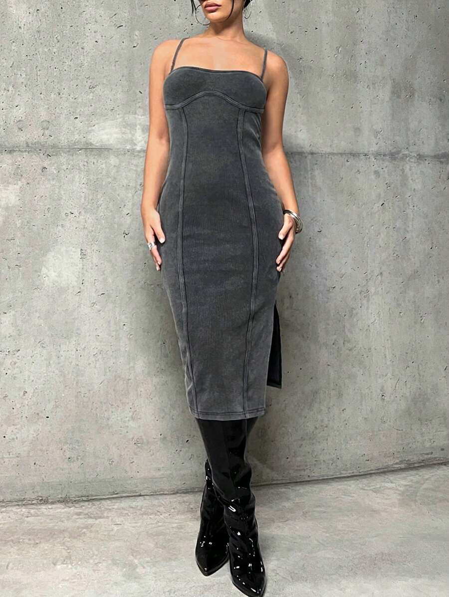 SHEIN ICON Tách đùi Váy Dây - Màu xám đen - Xem 1