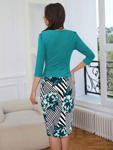 HOMEYEE Striped & Floral Print Dress - Multicolor - View 2