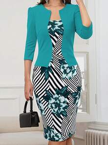 HOMEYEE Striped & Floral Print Dress - Multicolor - View 4