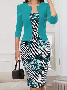 HOMEYEE Vestido de rayas & con estampado floral