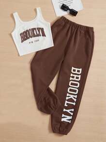 SHEIN EZwear 大碼字母圖案背心上衣和運動褲 - 巧克力棕 - 查看 1