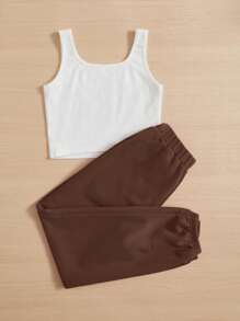 SHEIN EZwear 大碼字母圖案背心上衣和運動褲 - 巧克力棕 - 查看 2