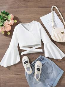 SHEIN Tween Girl Flare Sleeve Crisscross Crop Blouse,Holiday,Summer,Travel