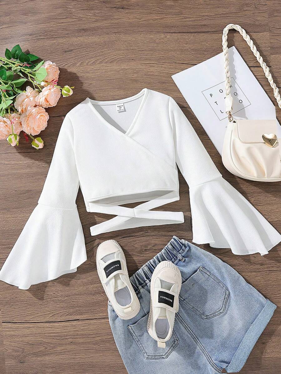 SHEIN Tween Girl Flare Sleeve Crisscross Crop Blouse,Holiday,Summer,Travel