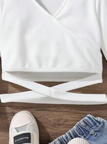 SHEIN Tween Girl Flare Sleeve Crisscross Crop Blouse,Holiday,Summer,Travel