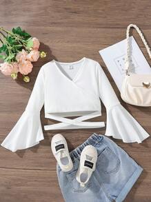 SHEIN Tween Girl Flare Sleeve Crisscross Crop Blouse,Holiday,Summer,Travel