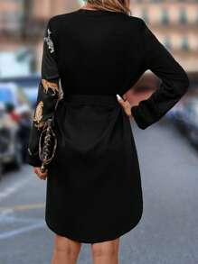 Editum 豹紋印花捲邊袖腰帶襯衫連衣裙 - 彩色 - 查看 2