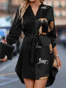 Editum 豹紋印花捲邊袖腰帶襯衫連衣裙 - 彩色 - 查看 1