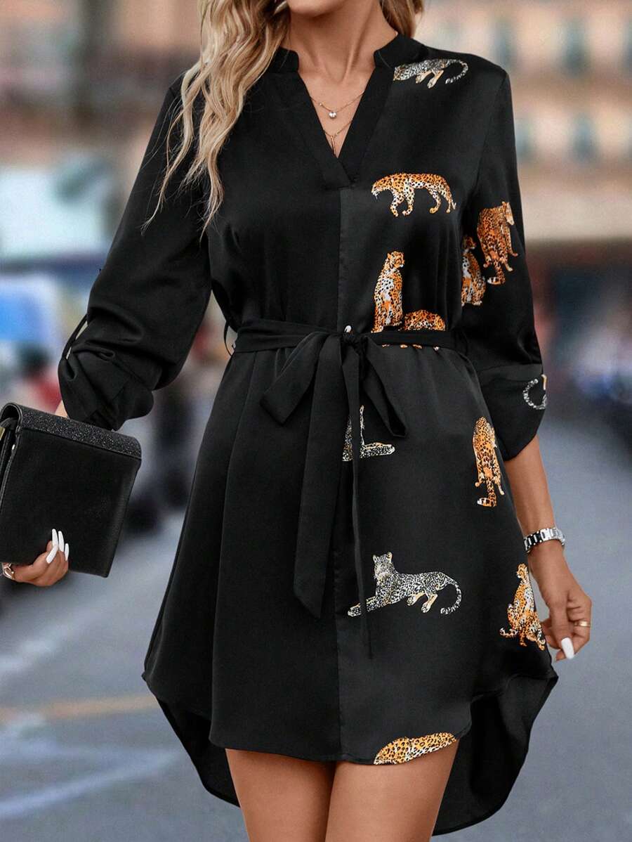 Editum 豹紋印花捲邊袖腰帶襯衫連衣裙 - 彩色 - 查看 1