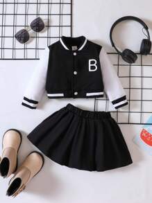 SHEIN Explorewe 女嬰字母圖案雙色學院風夾克&半身裙 - 黑與白 - 查看 1