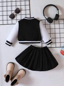 SHEIN Explorewe 女嬰字母圖案雙色學院風夾克&半身裙 - 黑與白 - 查看 2