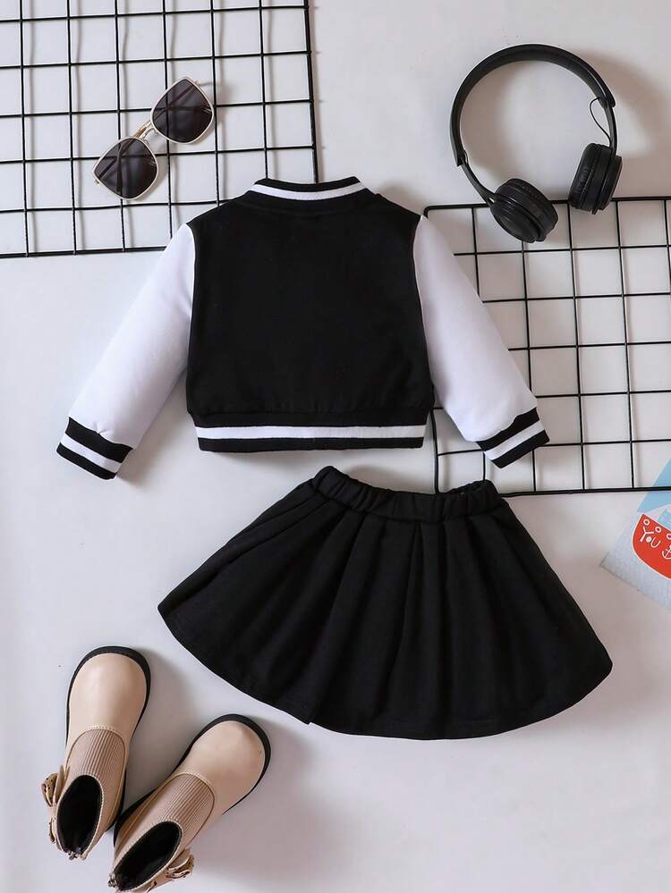 SHEIN Explorewe 女嬰字母圖案雙色學院風夾克&半身裙 - 黑與白 - 查看 2