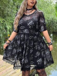 ROMWE PUNK Plus Twelve Constellations Print Mesh Dress Without Cami Dress - Black and White - View 1