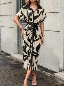 Chiquease 滿版印花蝙蝠袖腰帶襯衫連衣裙 - 彩色 - 查看 4