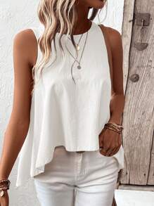 SHEIN LUNE Chất rắn Không tay Hem cao thấp Áo sơ mi - trắng - Xem 3
