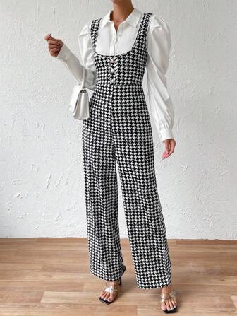 SHEIN Privé 千鳥格印花前紐扣背帶連身褲不帶襯衫