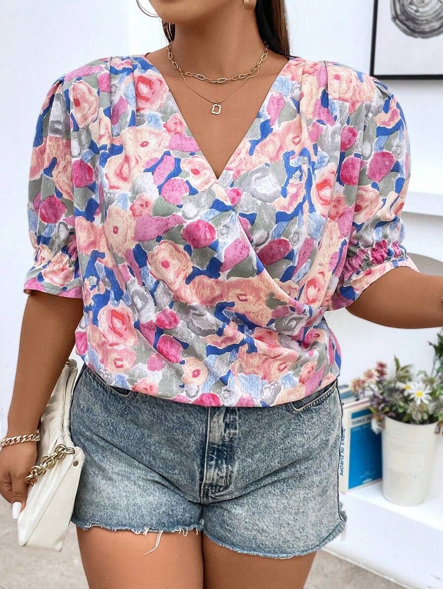 Calvaya Plus Floral Print Puff Sleeve Blouse - Multicolor - View 1