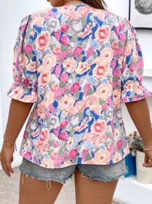 Calvaya Plus Floral Print Puff Sleeve Blouse - Multicolor - View 2
