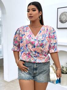 Calvaya Plus Floral Print Puff Sleeve Blouse - Multicolor - View 5