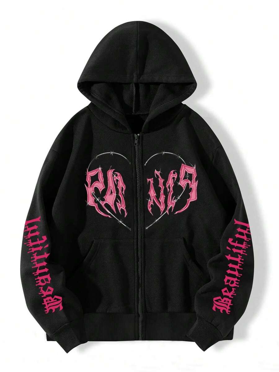 SHEIN Unity 字母与心形印花连帽拉链长袖卫衣 - 黑色 - 查看 1