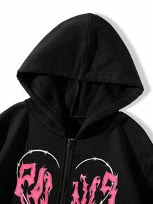 SHEIN Unity 字母与心形印花连帽拉链长袖卫衣 - 黑色 - 查看 3