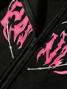 SHEIN Unity 字母与心形印花连帽拉链长袖卫衣 - 黑色 - 查看 4