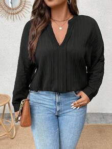 SHEIN Clasi Plus Notched Neck Batwing Sleeve Blouse - Black - View 6