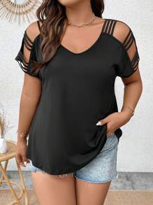 Calvaya 大碼鏤空蝙蝠袖T恤 - 黑色 - 查看 2