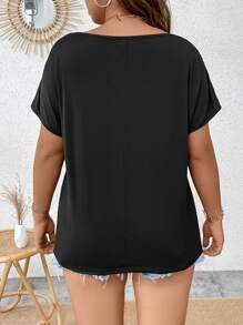 Calvaya 大碼鏤空蝙蝠袖T恤 - 黑色 - 查看 3