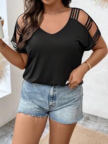 Calvaya 大碼鏤空蝙蝠袖T恤 - 黑色 - 查看 4