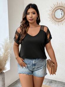 Calvaya 大碼鏤空蝙蝠袖T恤 - 黑色 - 查看 6