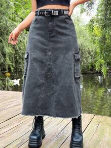 ROMWE PUNK Plus Flap Pocket Side Raw Hem Denim Skirt Without Belt - Dark Grey - View 1