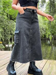 ROMWE PUNK Plus Flap Pocket Side Raw Hem Denim Skirt Without Belt - Dark Grey - View 5