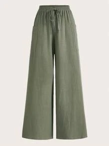 SHEIN EZwear Chất rắn Nút eo Quần ống rộng - xanh quân đội - Xem 1