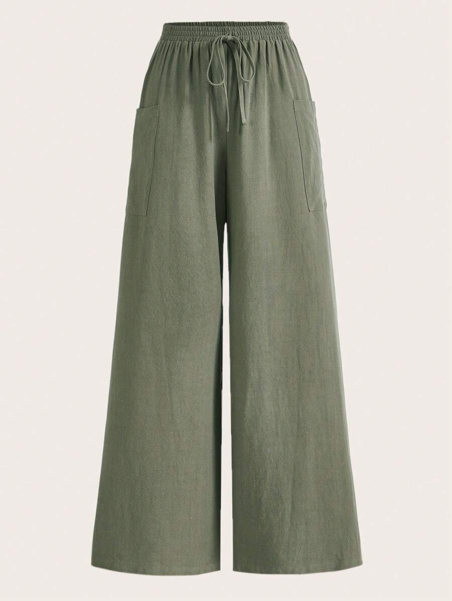 SHEIN EZwear Chất rắn Nút eo Quần ống rộng - xanh quân đội - Xem 1