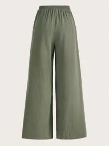 SHEIN EZwear Chất rắn Nút eo Quần ống rộng - xanh quân đội - Xem 2