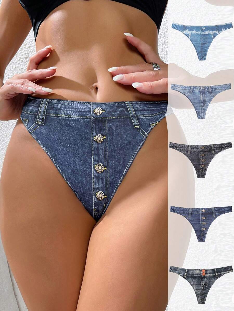 5pack Denim Effect Print Thong - Multicolor - View 1