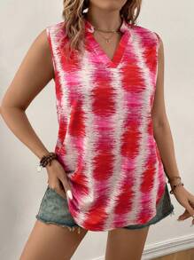 SHEIN LUNE Plus Allover Print Notched Neckline Tank Top - Burgundy - View 3