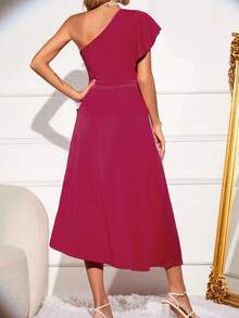 CILKOO One Shoulder Ruffle Trim Wrap Hem Dress