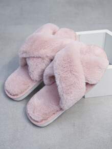 Niñas Zapatillas de dormitorio mullido con tira cruzada - Rosa - Ver 4