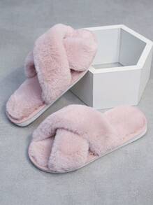 Niñas Zapatillas de dormitorio mullido con tira cruzada - Rosa - Ver 5