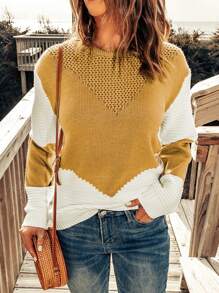 CILKOO Two-Tone Drop Shoulder Hollow-Out Knit Sweater - Yellow - View 1