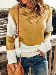 CILKOO Two-Tone Drop Shoulder Hollow-Out Knit Sweater - Yellow - View 3
