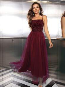 Damklänning med spaghettiband i mesh, knytband, rygglös, fest, sommar, elegant - Bourgogne - Visa 6