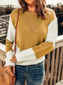 CILKOO Two-Tone Drop Shoulder Hollow-Out Knit Sweater - Yellow - View 5