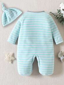 嬰兒女童條紋及卡通刺繡連足睡衣連體褲 - 藍白色 - 查看 2