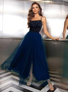 Joyfunear Contrast Sequin Mesh Cami Party Dress - Navy Blue - View 1